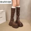 Platform Flats Women Knee High Boots Leather Shoes Luxury Brand  Winter New Fashion Chelsea Boots Motorcycle Zip Botas Mujer