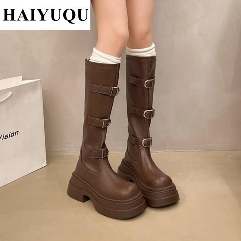 Platform Flats Women Knee High Boots Leather Shoes Luxury Brand  Winter New Fashion Chelsea Boots Motorcycle Zip Botas Mujer
