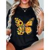 Women Casual T Shirt Black Sunflower Butterfly Print Loose Fit Top Summer Outfit