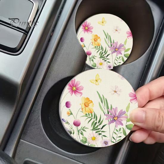 Аксессуары для защиты салона автомобиля 2 шт. Силиконовая подставка под стакан, Круглый нескользящий термостойкий коврик с принтом в стиле ретро с цветочным узором, Водонепроницаемый