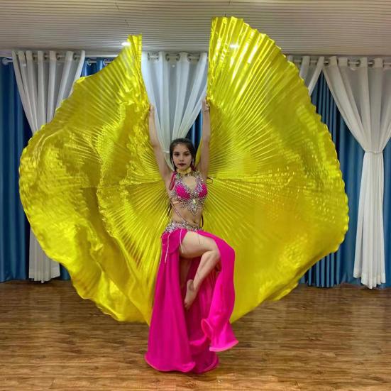 1 Set Performance Telescopic Rod 360 Wings Egyptian Degree Belly Dance Cape with Costume Pleated Bright