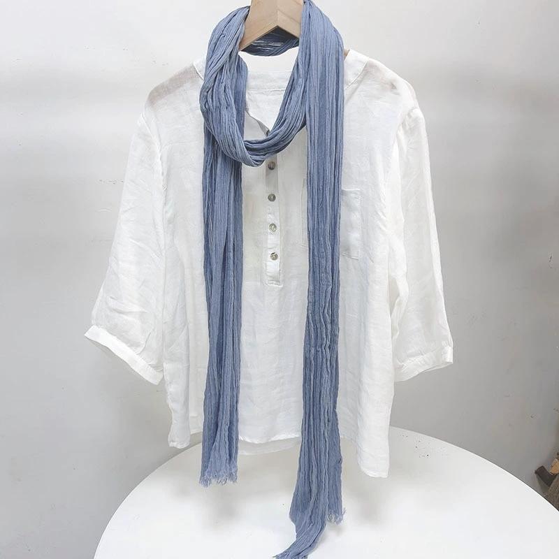 Solid Color Cotton Crinkled Scarf for Women Retro Neck Warmer Decorative Narrow Long Striped Scarf Wrap Shawl for Autumn 220cm