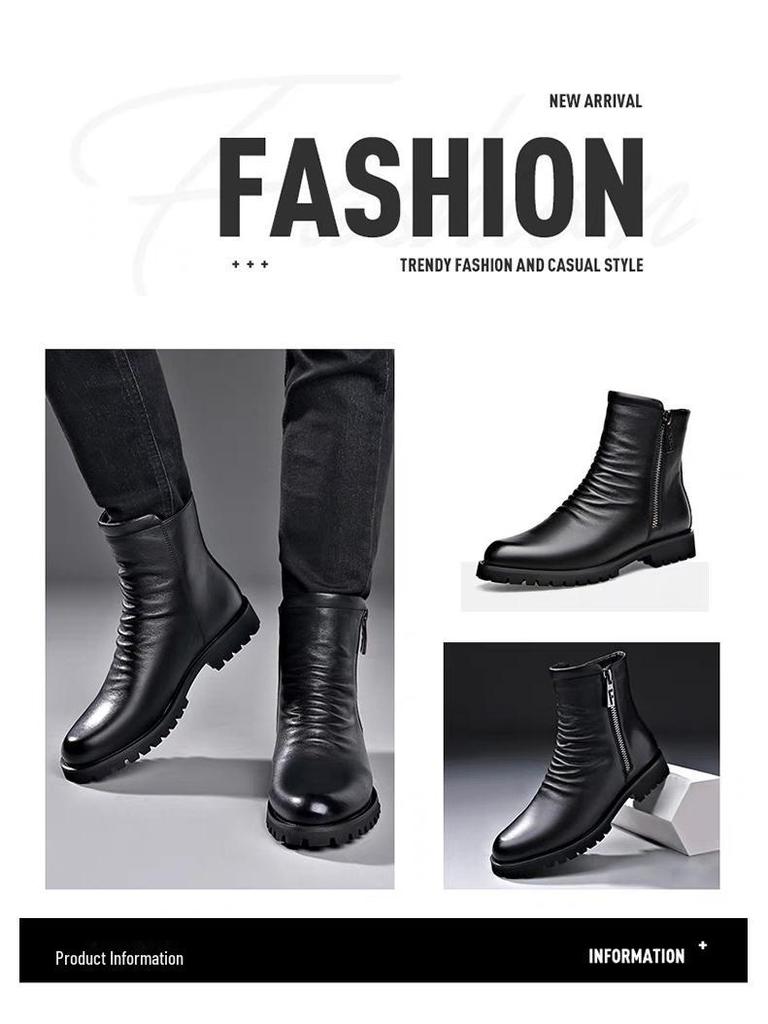 Мужские зимние высокие ботинки Martin - мягкая воловья кожа, удобные, модная молния, подкладка из шерстяного бархата