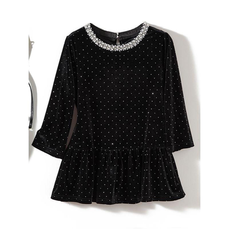 Starry Water Soluble Diamond Tops! Fairy Three-Quarter Sleeve Pearl Collar Round Neck Slimming Pleuche T-shirt Thin Coat New