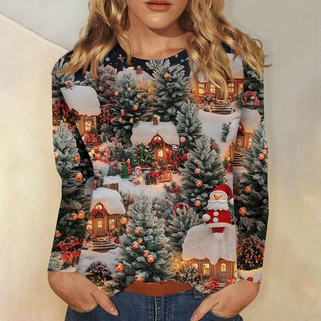 Женская мода повседневный рождественский принт круглый вырез длинный рукав пуловер топ