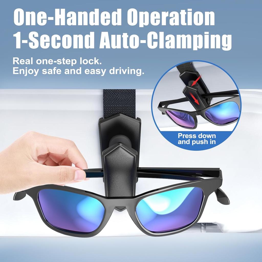 Veharvim One-Handed-Operation Sunglasses Holder For Car, Visor Sunglass Holder Clip, Car Accessories Interior, Universal Fit Silicone Padded Visor