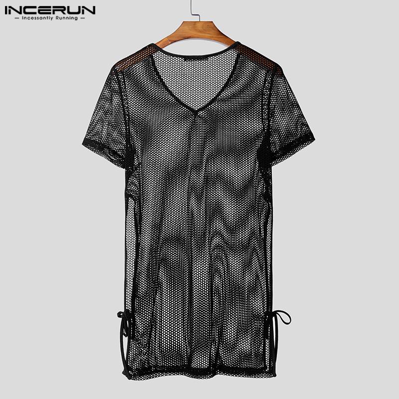 INCERUN Summer Men Short Sleeve Hollow See Through Long Beach Tank Tops