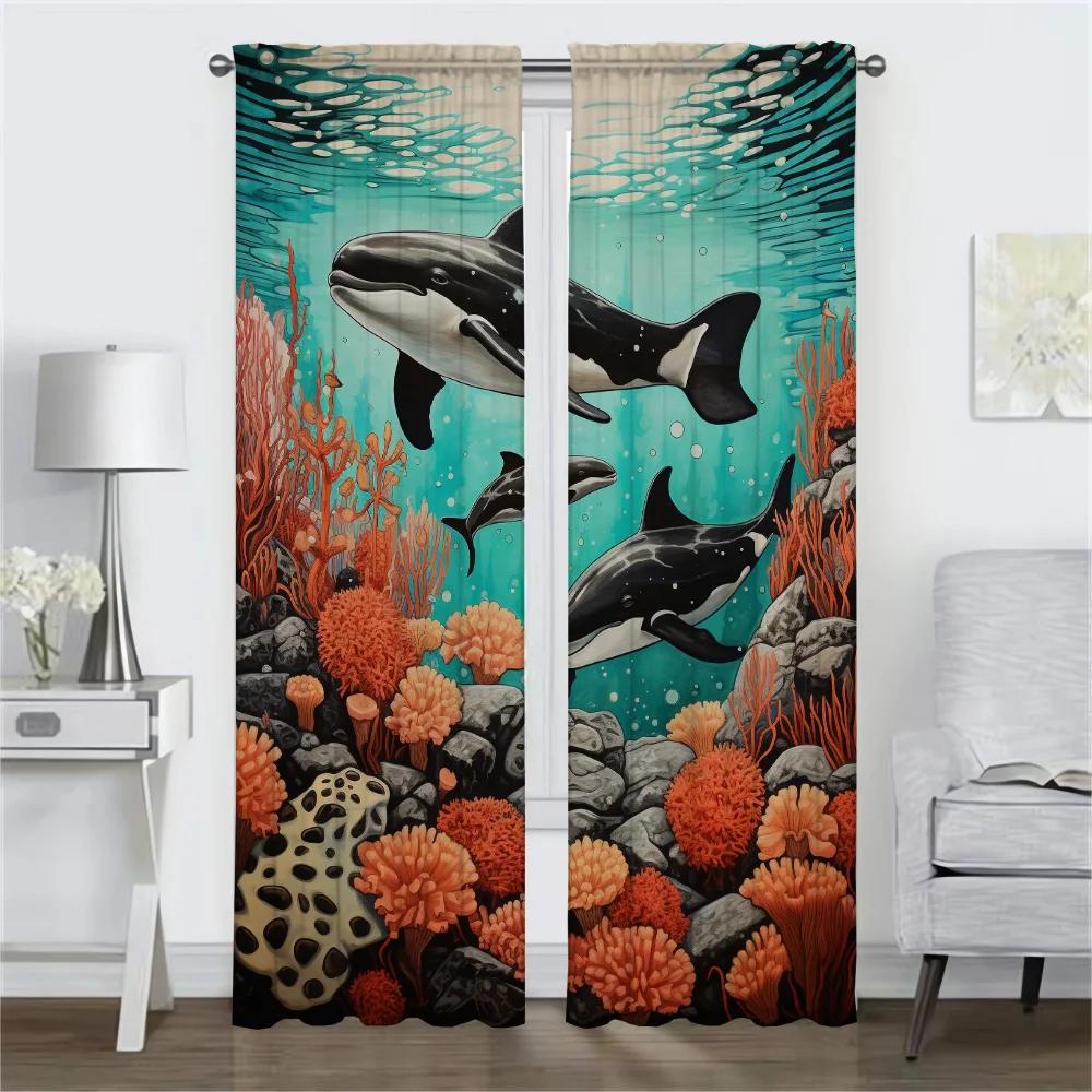 Marine Animal World Blackout Curtain for Room 2 Panel Elegant Room Curtains Partition Halloween Decoration Shades Living Kitchen