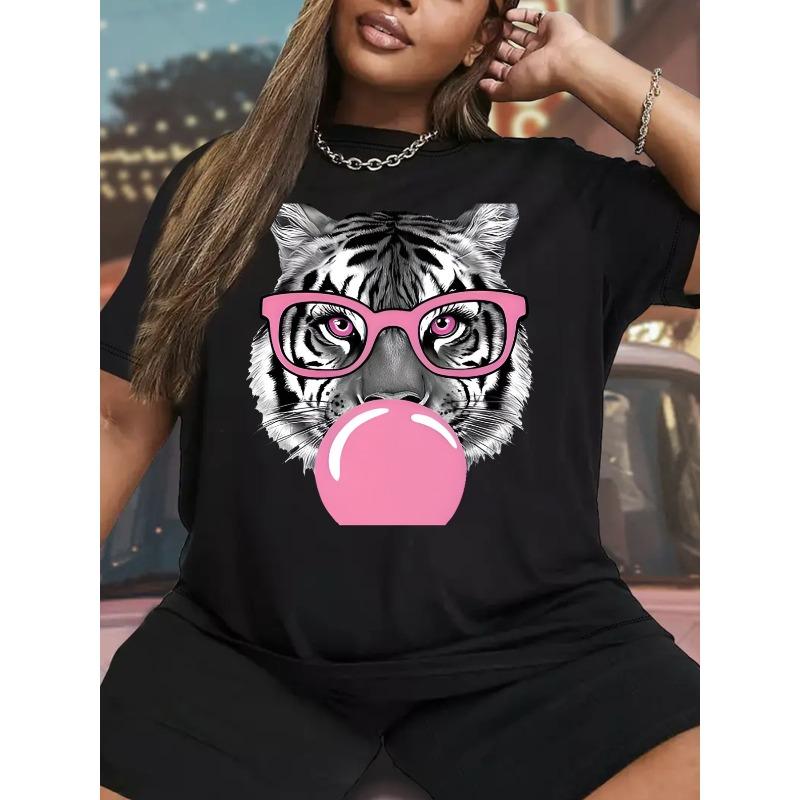 Европейский размер Плюс размер, Женская одежда Футболки для фигуры Плюс сайз с принтом, Повседневный топ с коротким рукавом и круглым вырезом, Удобная посадка для всех сезонов, Женская футболка