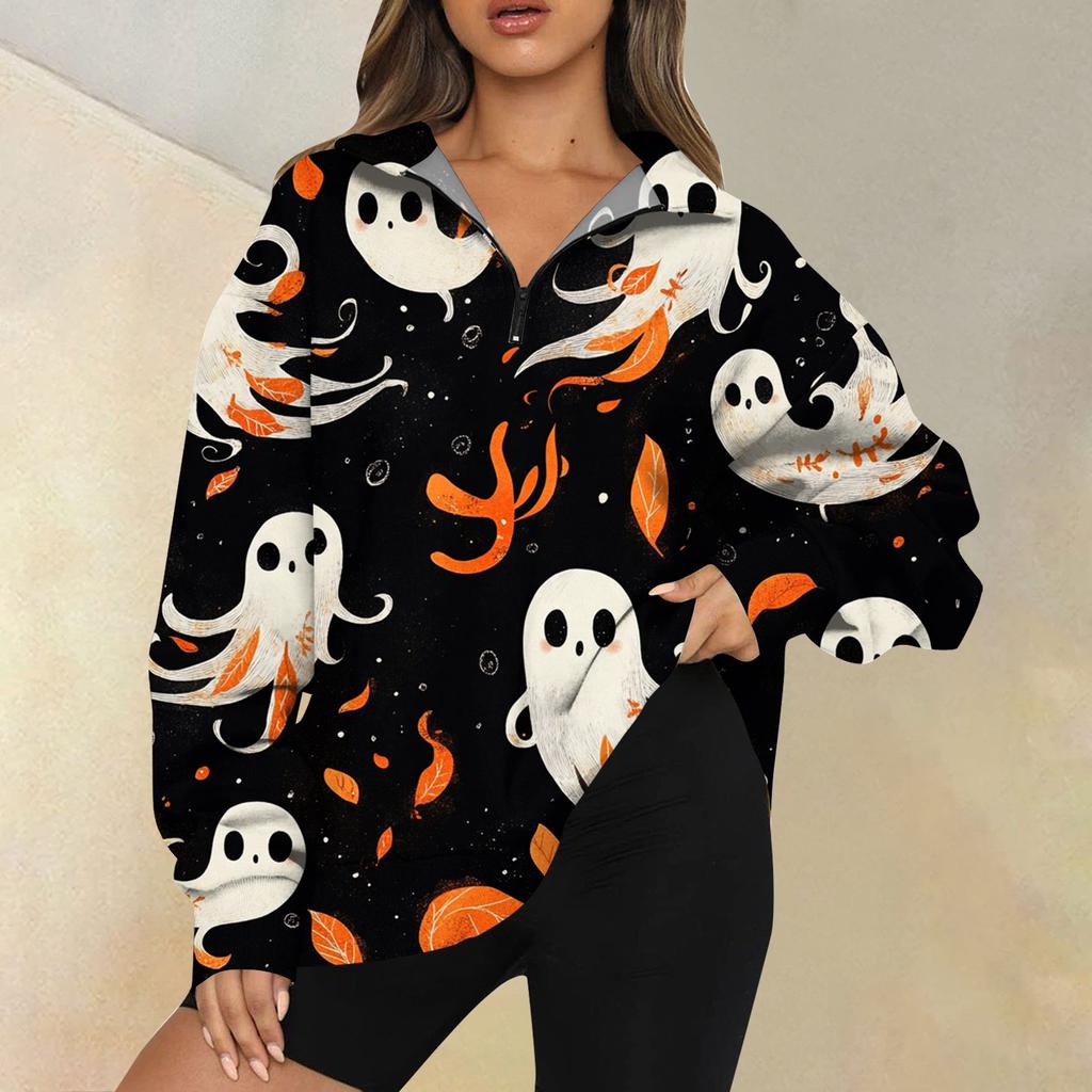 Women's Fashion Casual Long Sleeve Printed Zipper Turtleneck Drop Shoulder Sweatshirt Top
