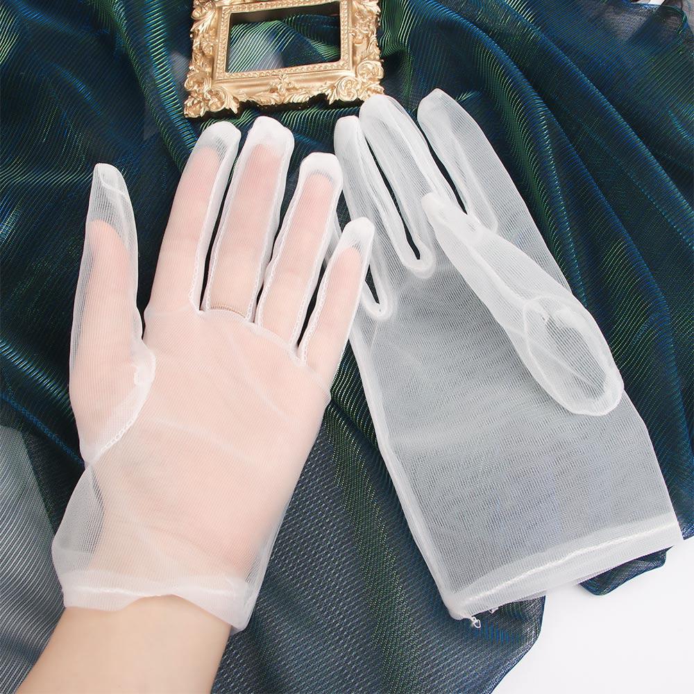 Girls White Faux Silk Transparent Black Ultra Thin Opera Gloves Finger Gloves Mesh Short Gloves