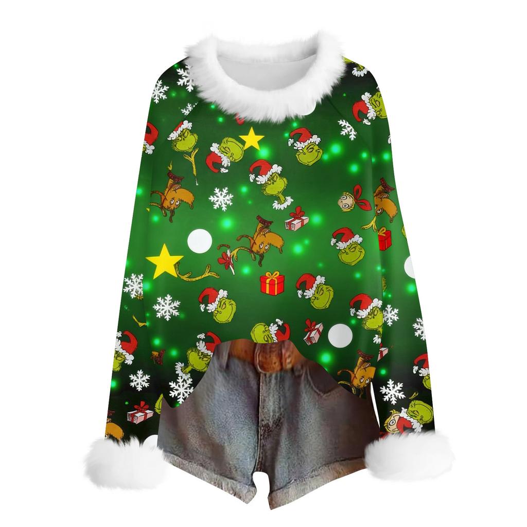 Женская модная рождественская футболка с принтом, круглым вырезом и длинными рукавами, повседневный пуловер