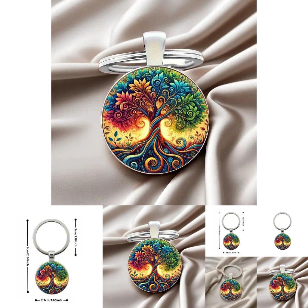 Life Tree Glass Pendant Keychain With Vibrant Line Design For Celebration And Souvenir Use