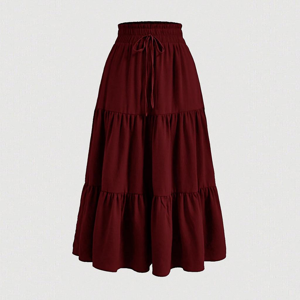 Women's Fashion Solid Color Floral Drawstring Elastic Waist Loose Long Skirt