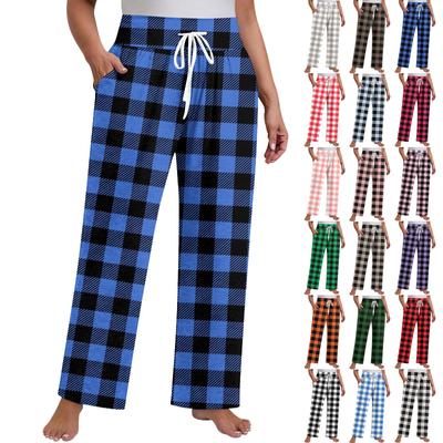 Женские клетчатые штаны для йоги больших размеров с широкими штанинами, свободные повседневные спортивные штаны с карманами и завязками