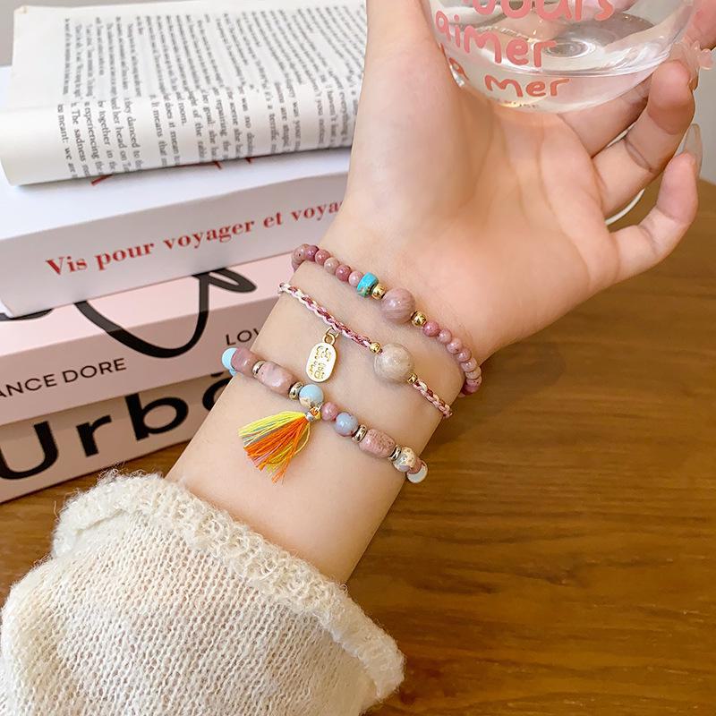 Chinese Style Strawberry Chalcedony Beaded Bracelet for Women - Girlfriend Gift Hand Jewelry