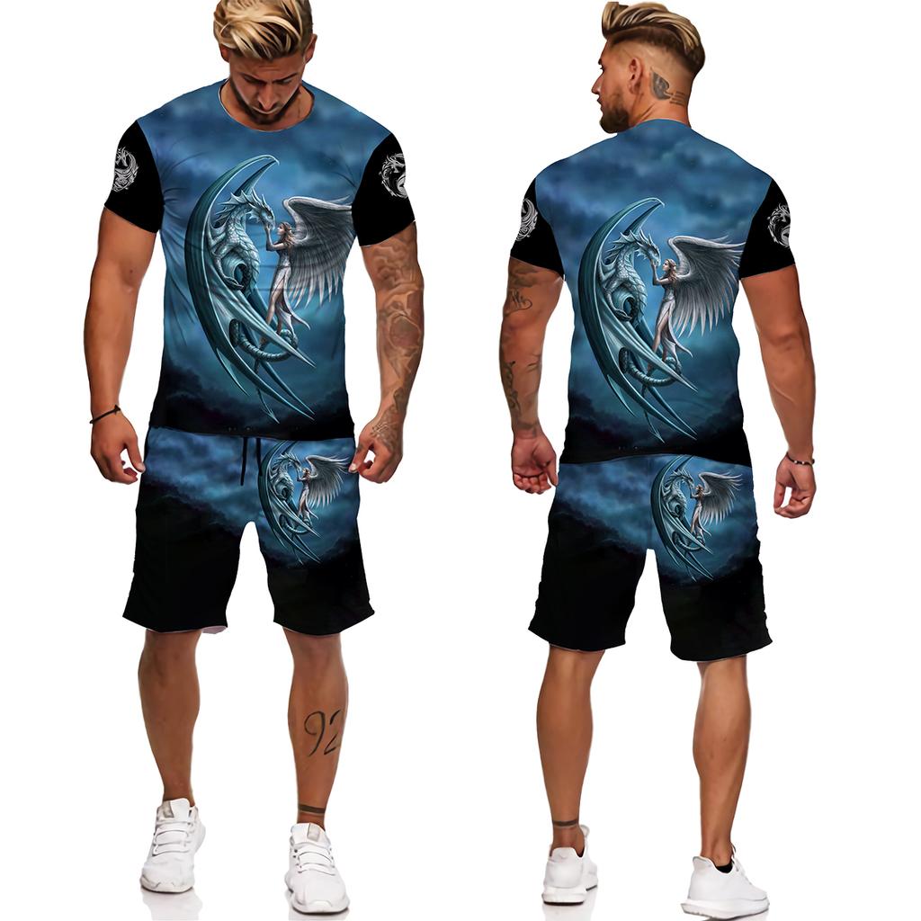 Мужской спортивный костюм с татуировкой животного Fly Dragon, уличная одежда в стиле Харадзюку, мужские футболки, мужской спортивный костюм, повседневные мужские комплекты больших размеров, Chandal