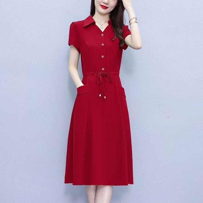 YYFS Женская мода лето весна сплошной цвет печати короткий рукав ПОЛО шеи Высокая талия повседневные платья