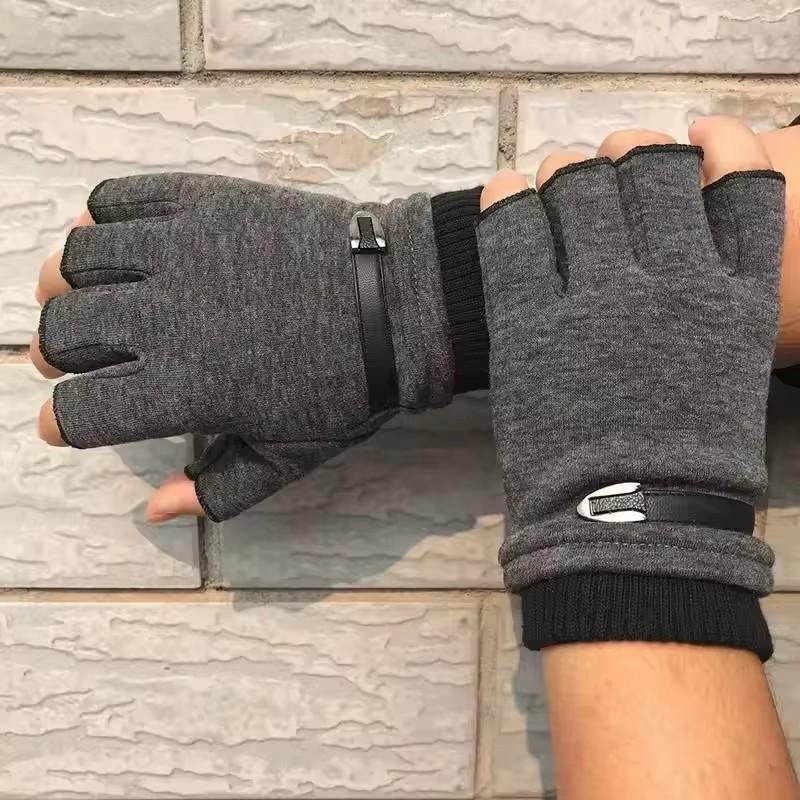Men's Winter Fleece Warm Half Finger Gloves Stretch Fingerless Mittens for Outdoor Bicycle Driving Male Sports And Outdoors