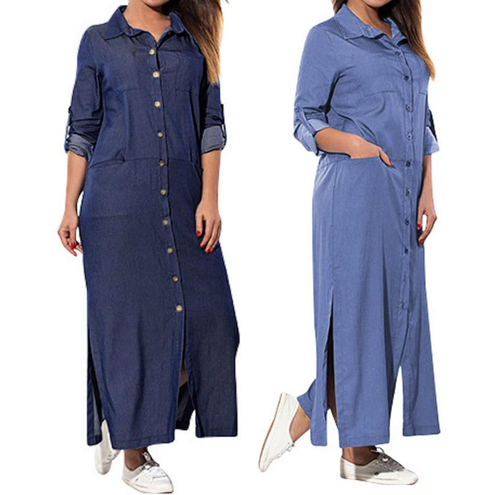 Женские свободные свободные футболки с карманами, джинсовые однотонные платья с длинными рукавами