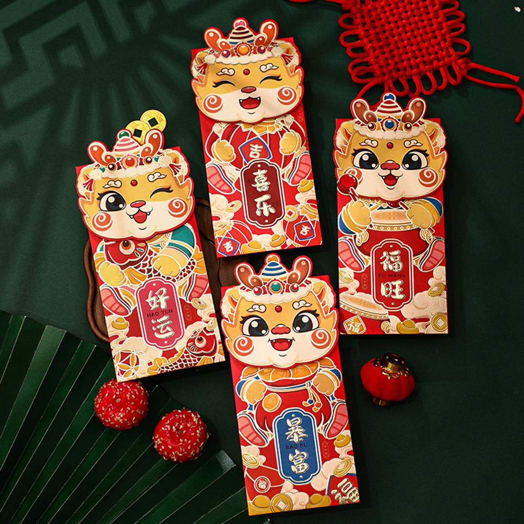 4 Pcs Lucky Money Bag 2024 Spring Festival Cartoon Red Envelopes Red Packets Lunar Year Decoration Gift For Children Teeangers