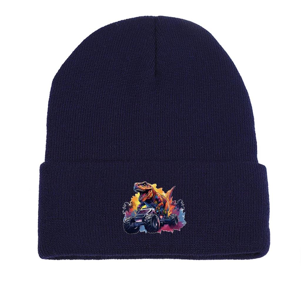 Monster Truck Dinosaur Print Knit Hat Beanie, Animal Skull Cap Stretchy Elastic Stylish Pompom Beanies Knitted Cap Beanie