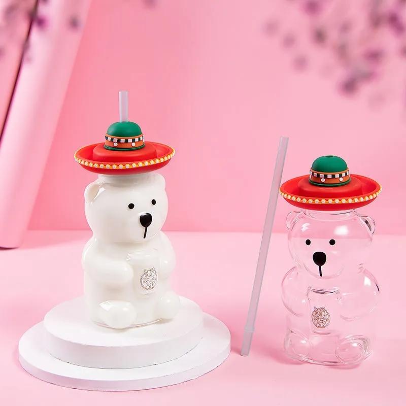 Милая стеклянная кружка с мишкой для Starbucks, кружки для молочного кофе, прозрачные стаканы, стакан для сока с соломинкой, бутылка для воды с силиконовой крышкой, посуда для напитков