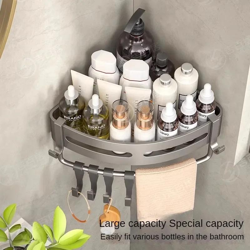 Ванная комната, Алюминиевый стеллаж для хранения вещей, Неперфорированный настенный угловой стеллаж для хранения вещей в ванной комнате, Треугольная корзина серого цвета