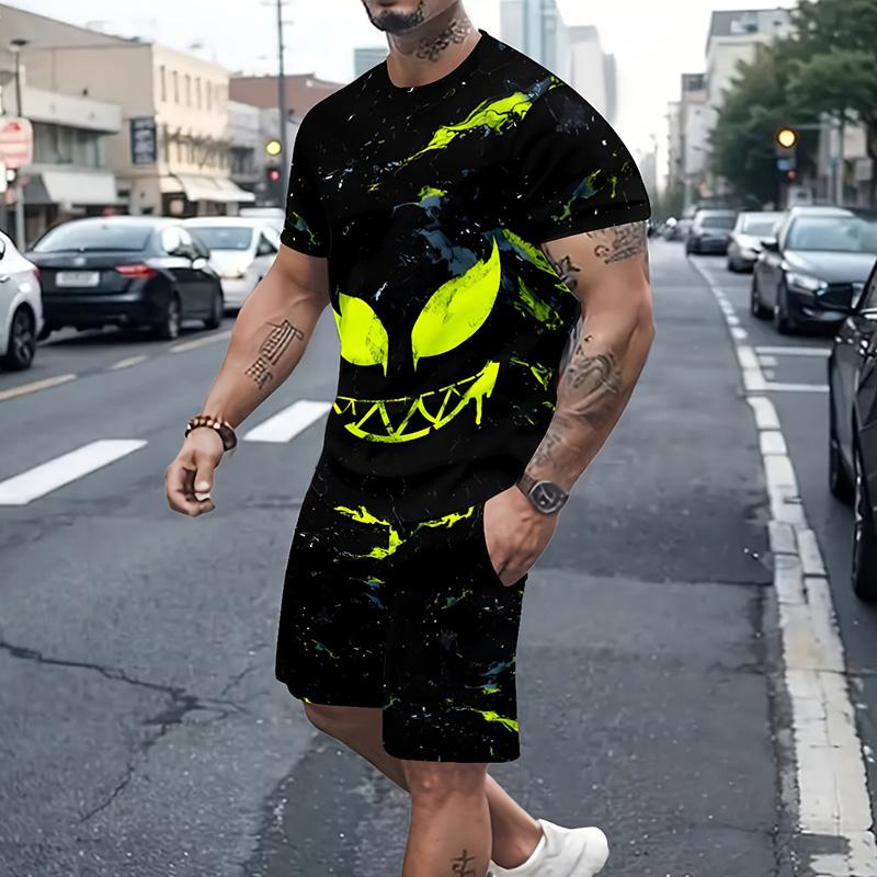 Мужской костюм, летний повседневный дышащий освежающий костюм с принтом 3D Evil Face, большой мужской свободный топ, модный с короткими рукавами