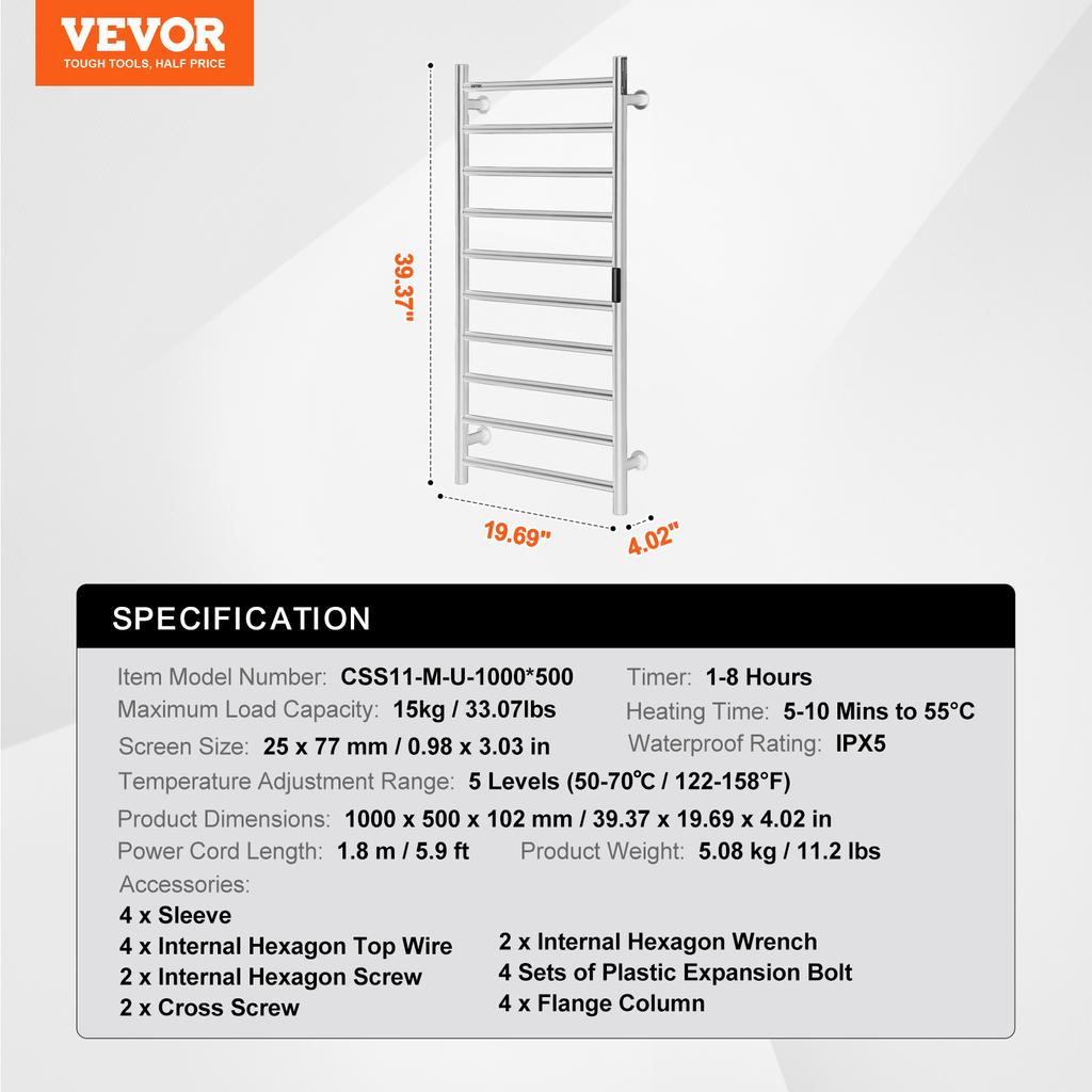 SucceBuy 4/6/8/10 Bars Towel Warmer Rack Wall Mounted Heated Towel for Bathroom IPX5 Waterpoof 5 Levels Temperature Towel Heater
