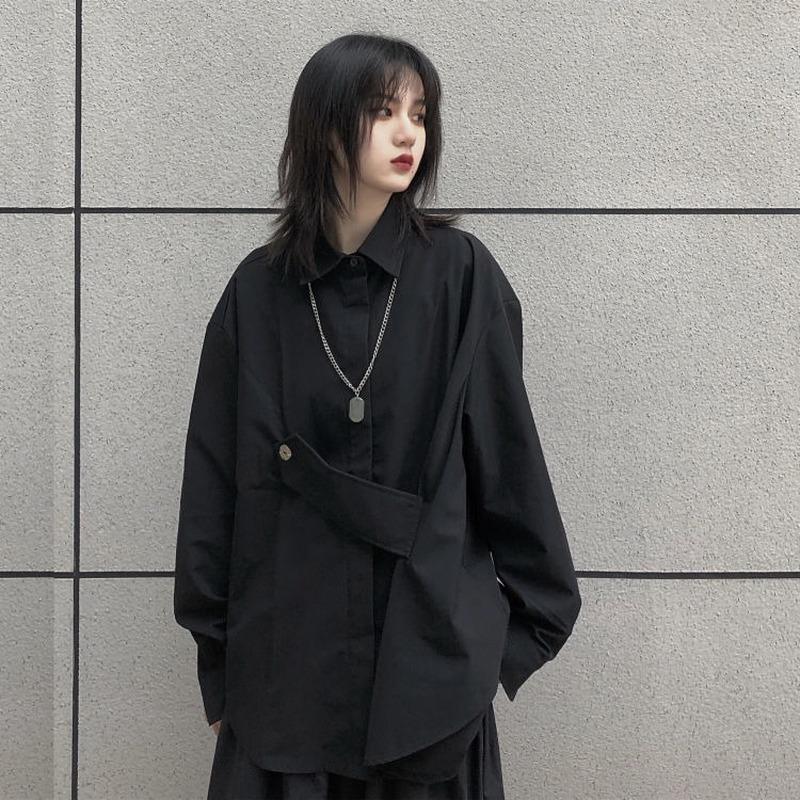 Women's Blouse Asymmetrical Japanese Style Top Streetwear Punk Cool Black Shirt Oversize Long Sleeve Button Up Alt Clothes