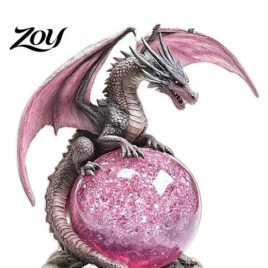 Intricate Acrylic Carving Decor 2D Flat Dragon Statue, Mystical with Pink Crystal Ball Modern Artistic Room Ornaments on Rock Base, Fantasy