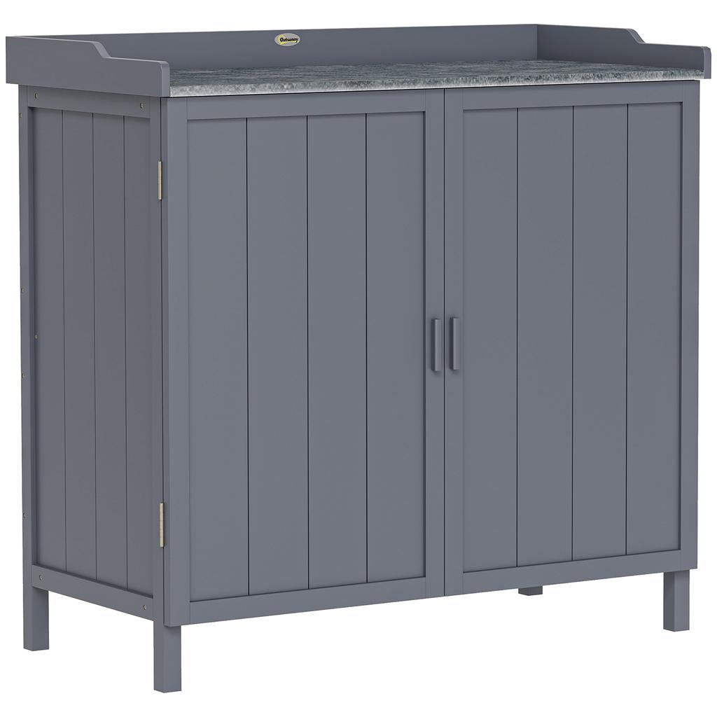Standing garden storage cabinet, 2-in-1 potting table double door, shelf, galvanized metal tray - grey