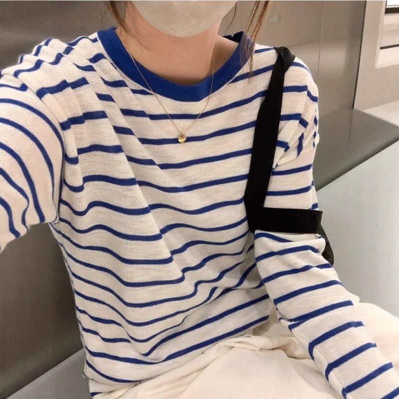 Простая ленивая полосатая футболка с длинным рукавом женская летняя свободная тонкая дышащая блузка-топ из ледяного шелка для верхней одежды
