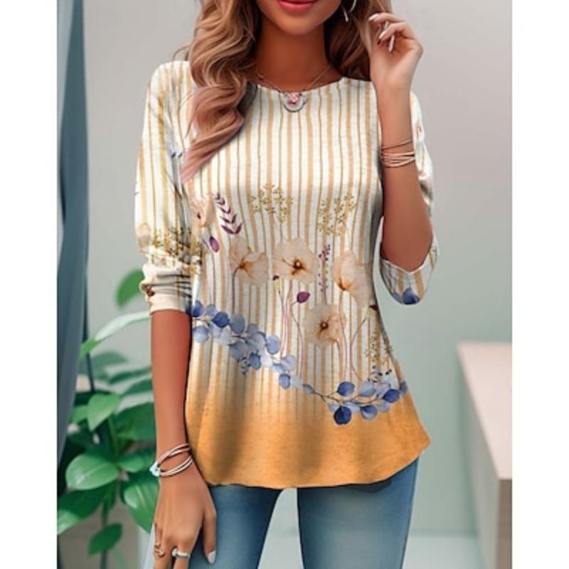 Women's T Shirt Tee Print Daily Casual Long Sleeve Crew Neck Navy Blue Spring Fall