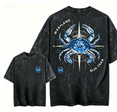 2026 new Vintage Washed Black Tshirt Blue Crab Print Casual Short Sleeve Tee