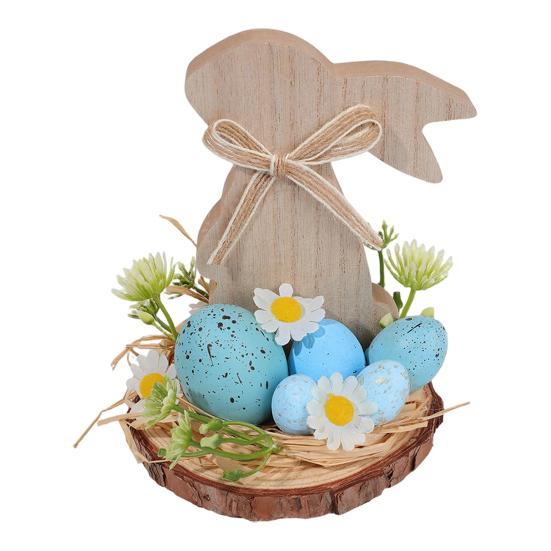 Wooden Easter Bunny Decoration Farmhouse Rustic Artificial Flower Colorful Egg Rabbit Table Sign Desktop Ornament