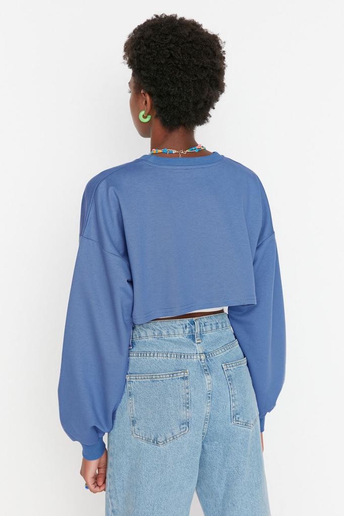 Women's Fashion Stylish Sweatshirt Black Asymmetrical Super Crop Crew Neck Thin Knitted Sweatshirt