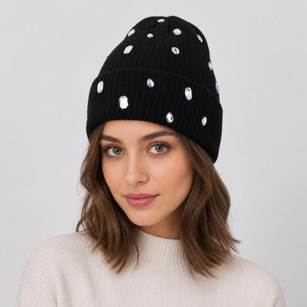 Solid Color Pullover Knit Cap Rhinestone-embellished Rhinestone-adorned Hat Beanie Hat Autumn