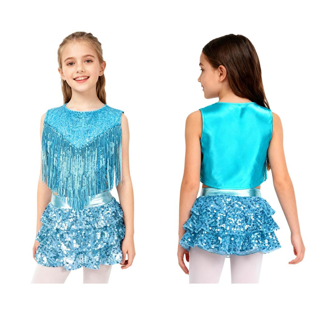 Complete 70s Disco Costume Set for Kids Girls: Shiny Metallic Top with Chest Tassels & Tiered Ruffle Shorts, 2-Piece Outfit