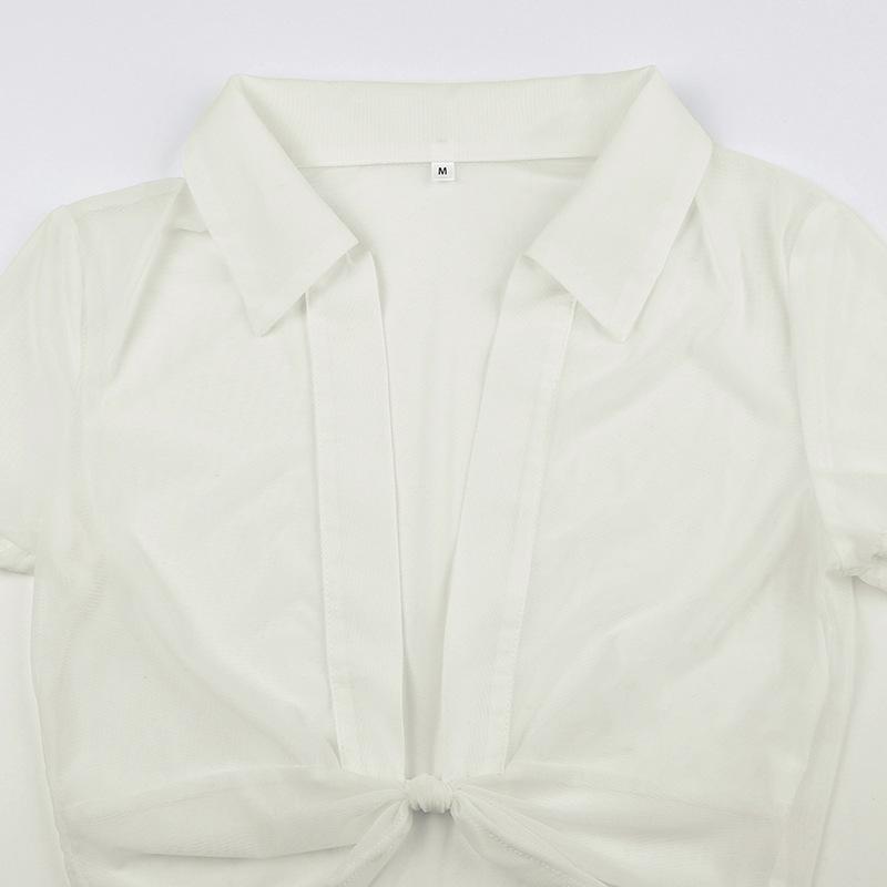 Сексуальная сетчатая футболка европейского стиля с V-образным вырезом и короткими рукавами - Женская летняя облегающая однотонная накидка с перекрутом