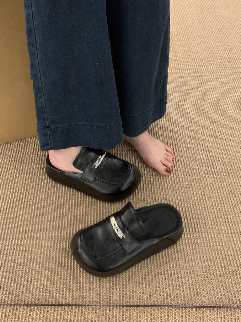 Маленькие мужские полутапочки с толстой подошвой и завышенной талией, женские, весна 2025, новая корейская версия, ретро, черные, одинарные туфли Muller