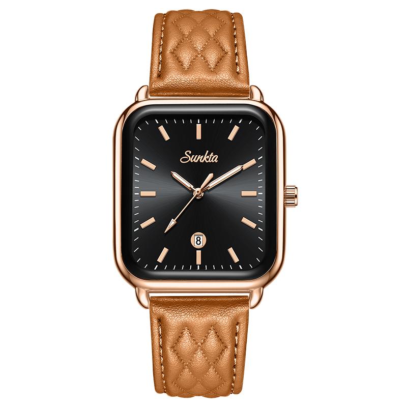 SUNKTA Women's Watches Original Leather Strap Fashion Square Waterproof Luminous Women's Quartz Wristwatches With Gift Box