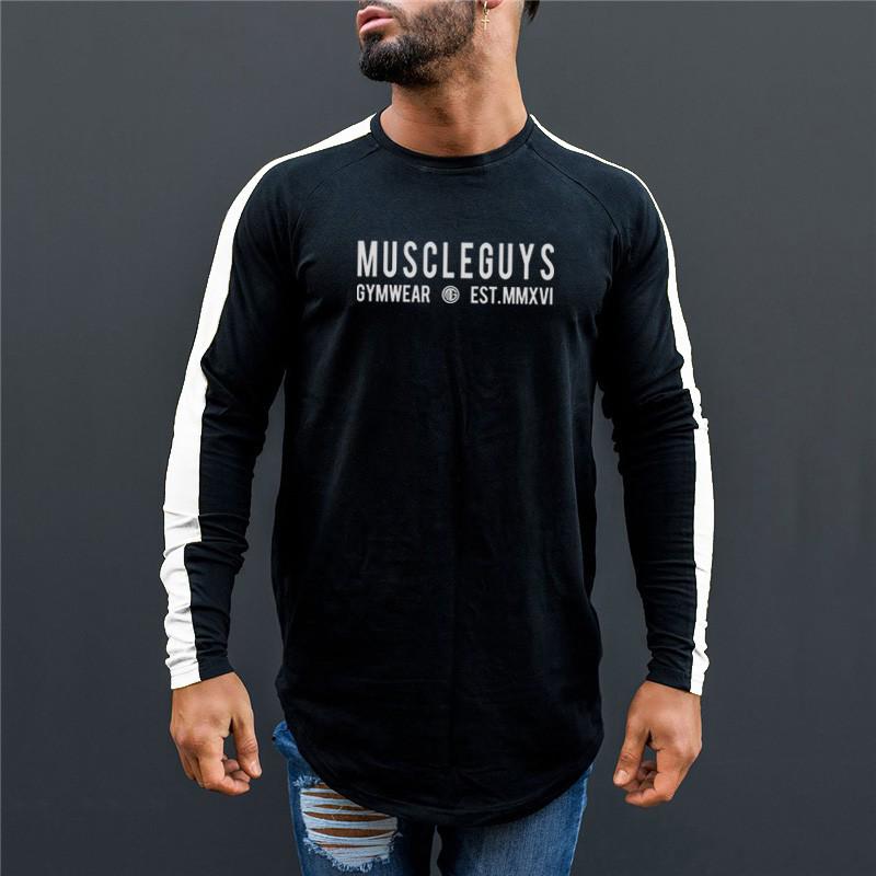 Muscleguys Letter Printed Long Sleeved T-Shirts Mens Sports Undershirts Color Block Tees