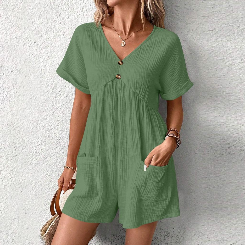Women's Casual V-Neck Short Sleeve With Pockets Comfort Jumpsuit Shorts