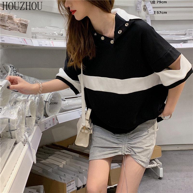 HOUZHOU Футболка ПОЛО женская летняя корейская свободная с коротким рукавом полая корейская шикарная повседневная оверсайз