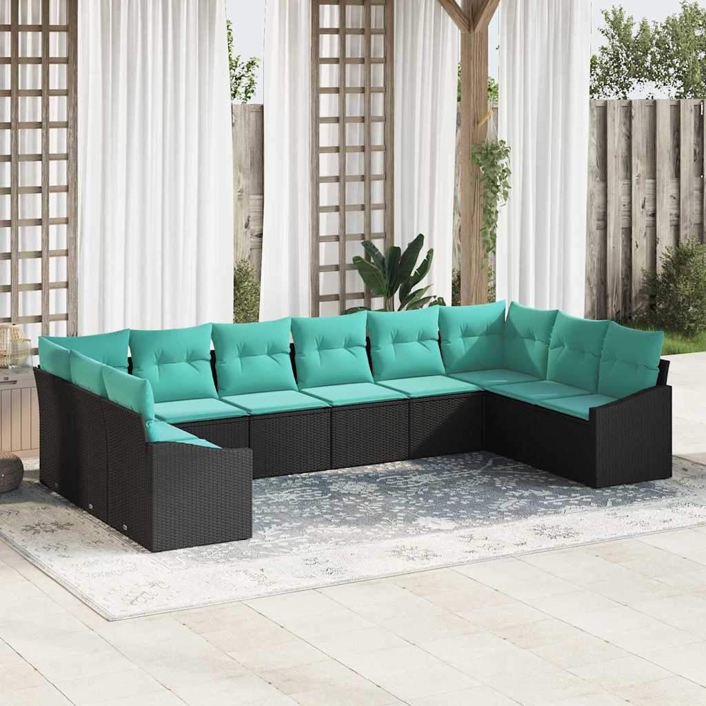 10 Piece Sofa Set with Cushions Black Poly Rattan