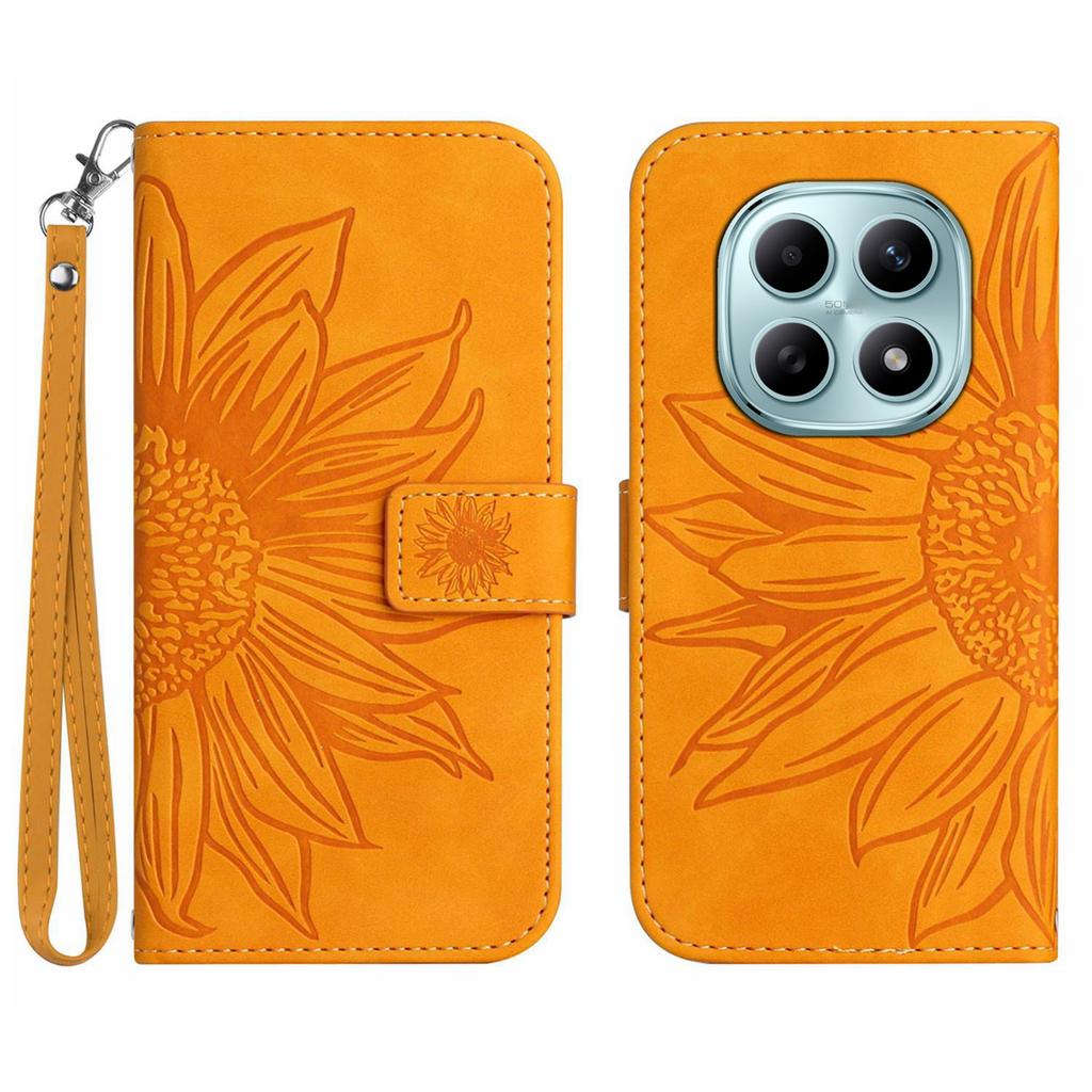 Для Xiaomi Poco M8 5G/Redmi Note 15 5G (Глобальный)/15 4G (Глобальный) Чехол-портмоне из кожи с принтом подсолнухов и ремешком на запястье.
