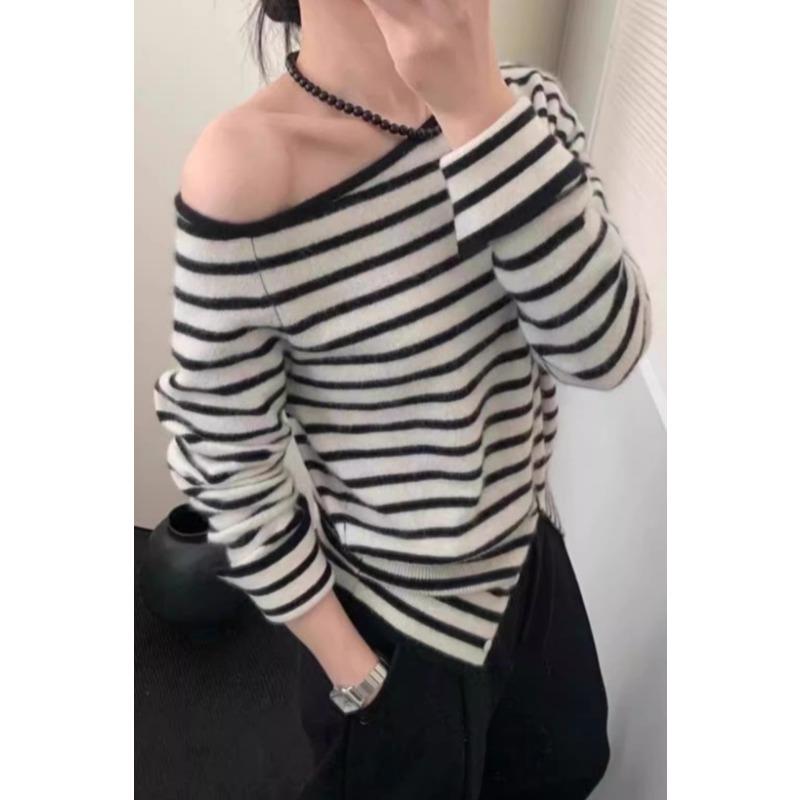 Элегантный Свободный Вязаный Пуловер с Покатым Плечом в Полоску Повседневный Нежный Осенний Женский Модный Топ с Длинным Рукавом Свободный Повседневный Офисный Тонкий