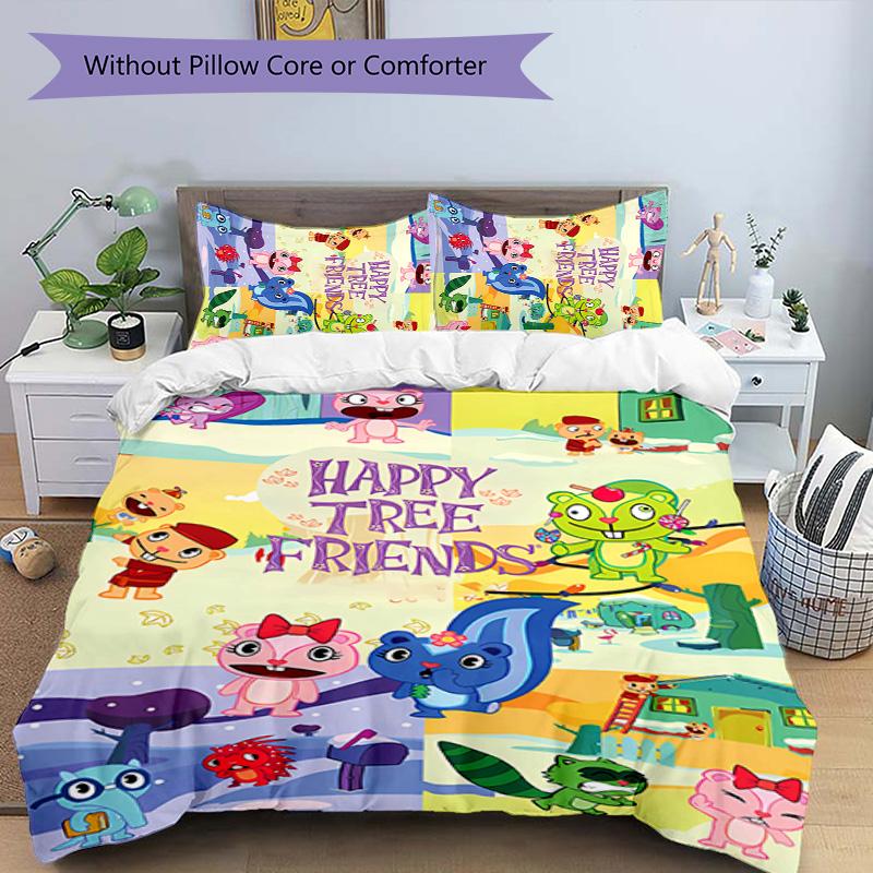 3pcs Happy Tree Friends pattern bedding set duvet cover set includes duvet cover &pillowcases, perfect all season bedroom decoration & gift